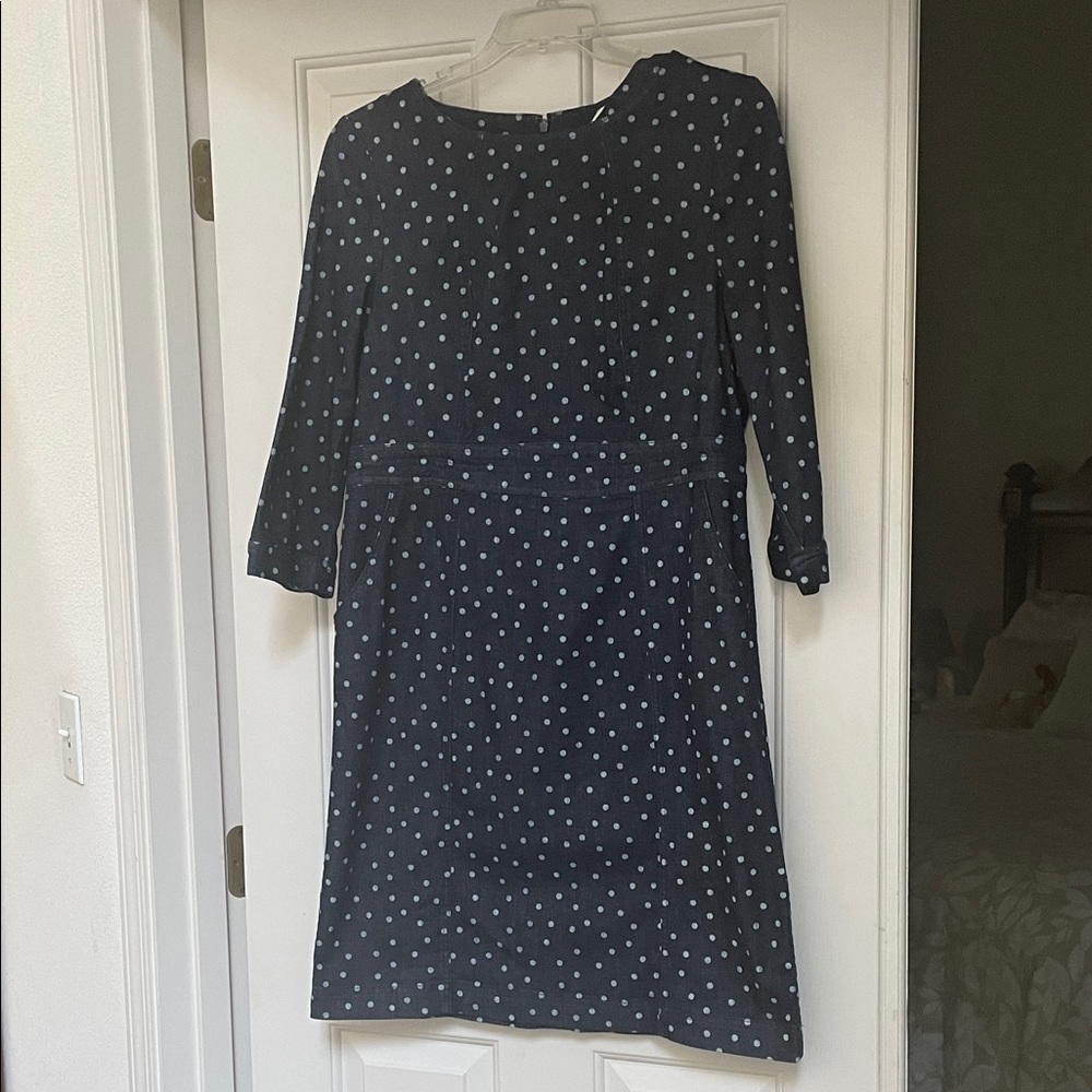 Boden Dark Blue Denim Dress with White Dots Size 12, NWT